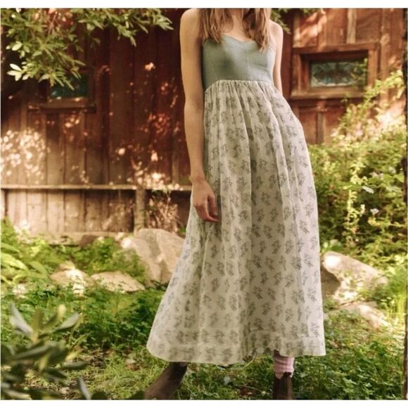 The Great Bustier Embroidered Eyelet Bow Tie Back Camelia Midi Dress M Blue - Picture 1 of 13